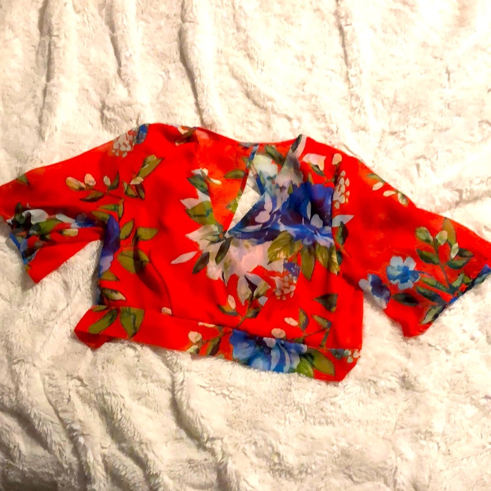 SOLD Red floral sheer crop top with open back